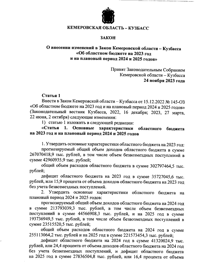 Закон Кемеровской области - Кузбасса от 24.11.2023 N 101-ОЗ "О внесении ...